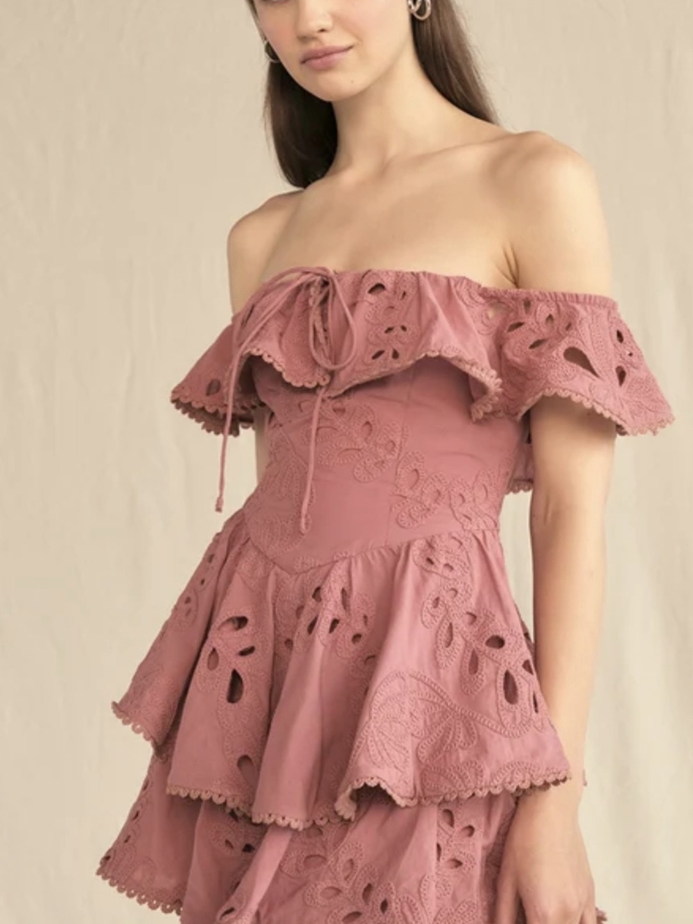 Off-Shoulder Rose Pink Eyelet Tiered Dress
